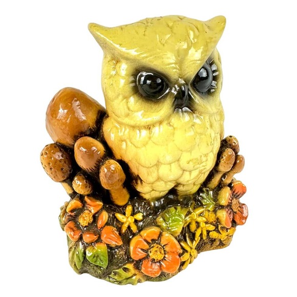 Charming Vintage Owl With Mushrooms and Flowers Statue - Terre Stone Pottery - Picture 2 of 11